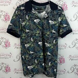 Simons T-shirt, animals, jungle, Tropical Print Polo Shirt - Navy and Green